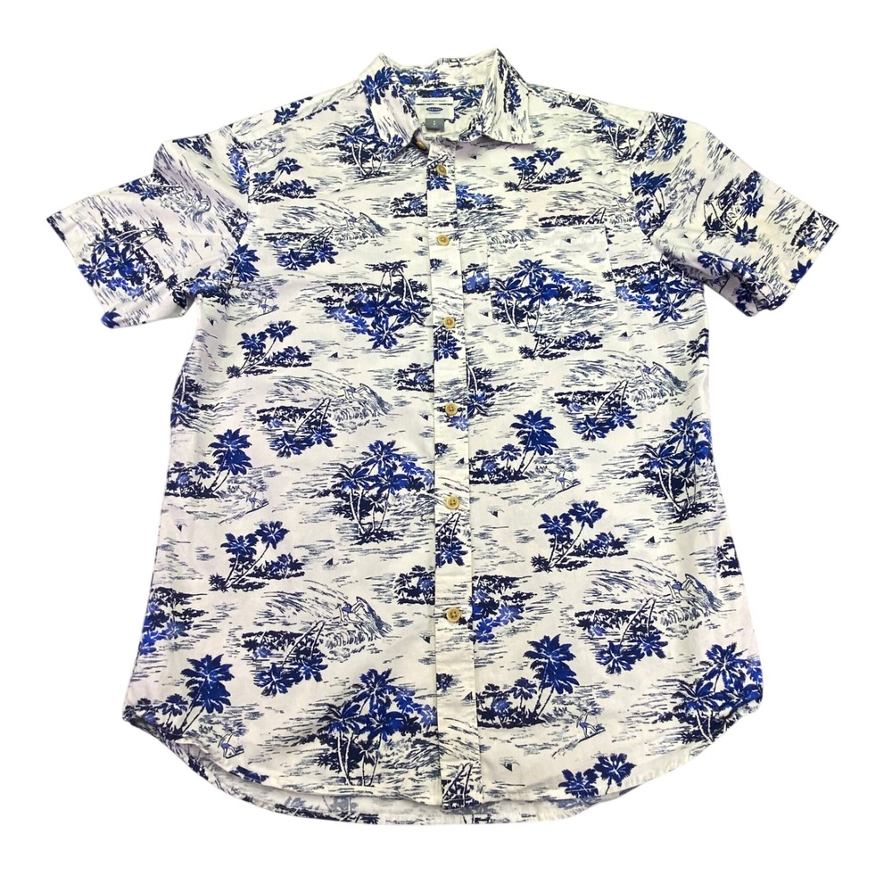 Old Navy Shirt Men's Small Tropical Button Down Short Sleeve Hawaiian Blue Shirt